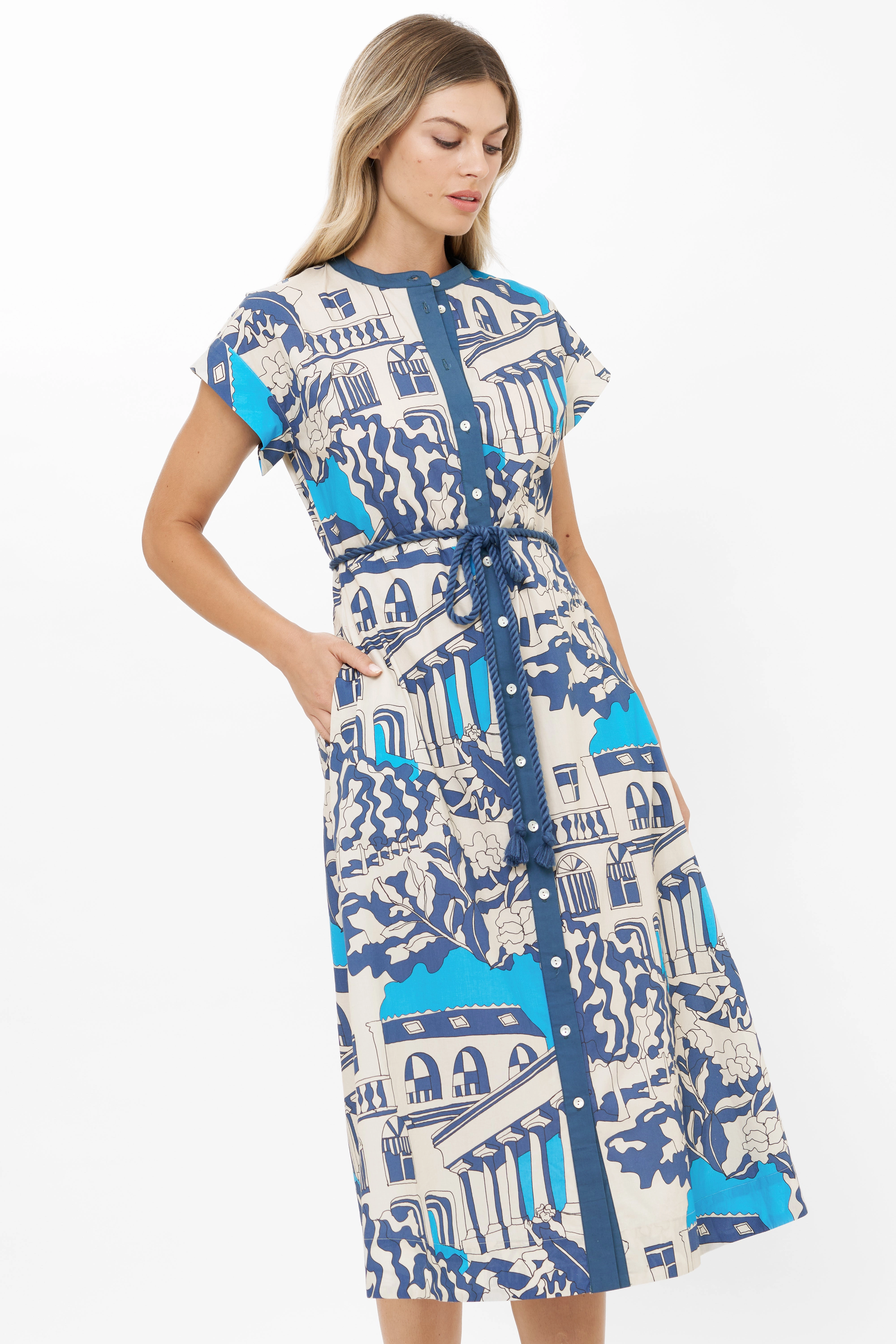 Cap Sleeve Shirt Dress Midi Roma Blue Layered Look Linen-Blend
