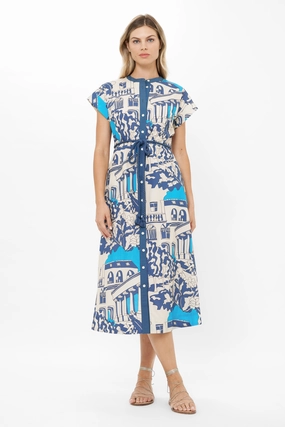 Halter neck Cap Sleeve Shirt Dress Midi Roma Blue