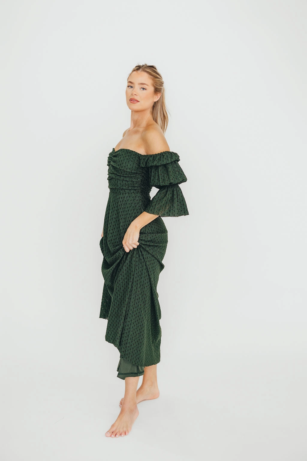 Corrine Tiered Sleeve Maxi Dress with Pockets in Hunter Green - Bump Friendly Moment Glow