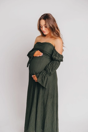 Corrine Tiered Sleeve Maxi Dress with Pockets in Hunter Green - Bump Friendly Earthy Hue Long Lines