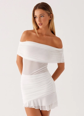 Nelly Off Shoulder Mini Dress - White Body Fit Classic knee-length dress
