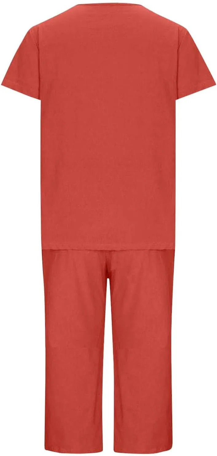 Capri Outfits for Women 2 Piece Sets Summer Short Sleeve Tops Wide Leg Cropped Pants Loungewear with Pockets