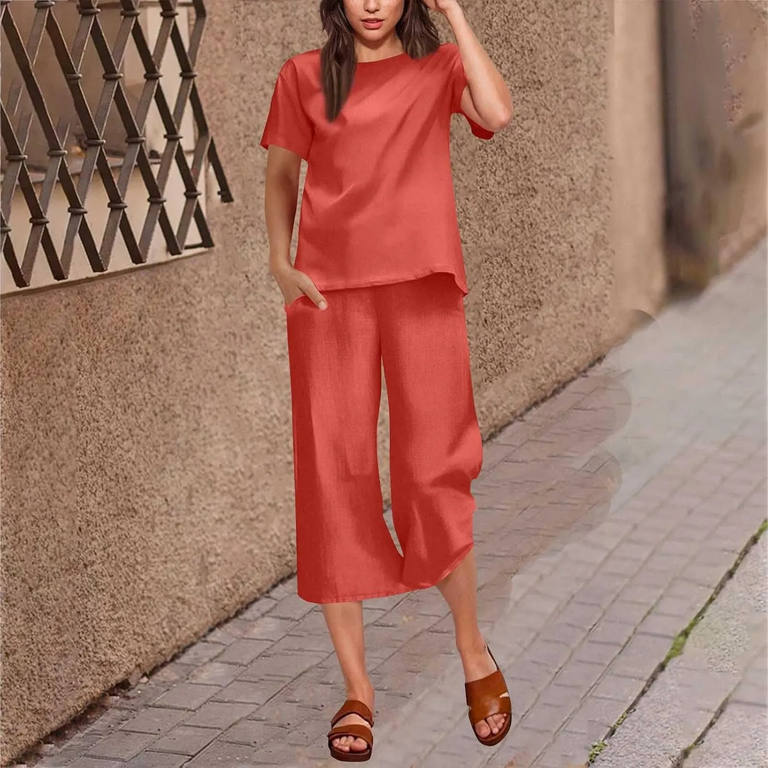 Capri Outfits for Women 2 Piece Sets Summer Short Sleeve Tops Wide Leg Cropped Pants Loungewear with Pockets