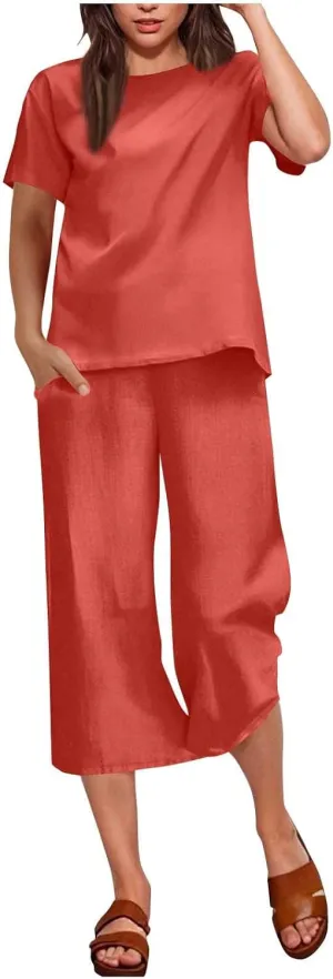 Capri Outfits for Women 2 Piece Sets Summer Short Sleeve Tops Wide Leg Cropped Pants Loungewear with Pockets