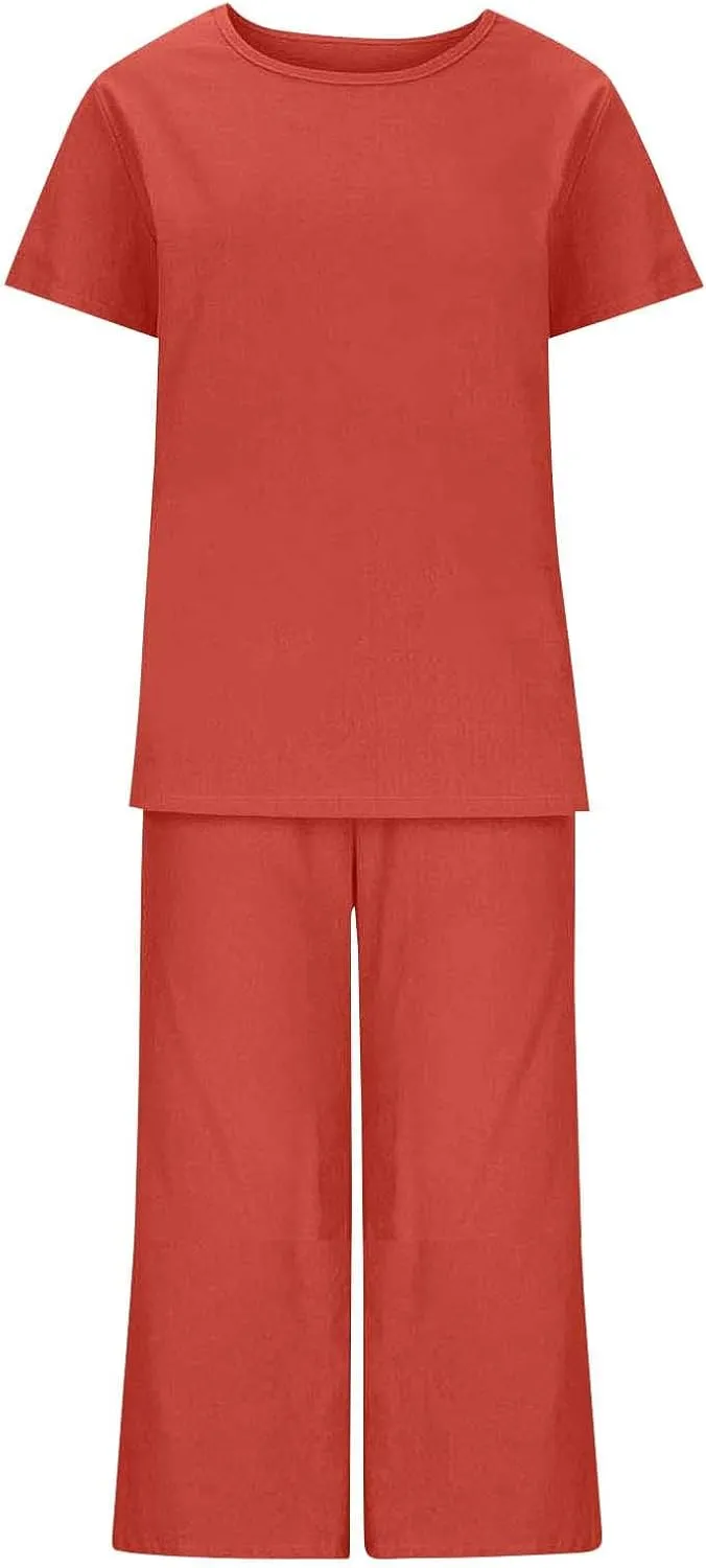 Capri Outfits for Women 2 Piece Sets Summer Short Sleeve Tops Wide Leg Cropped Pants Loungewear with Pockets