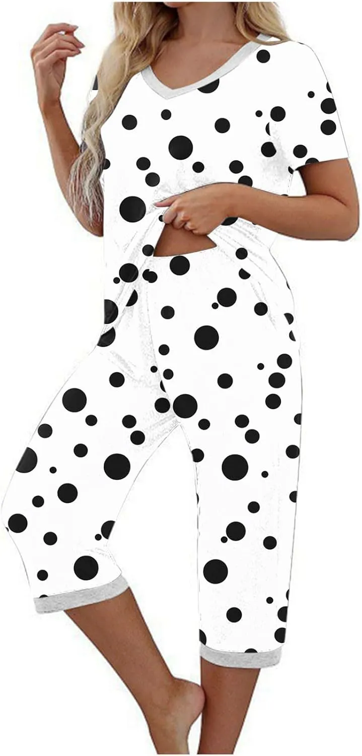 Capris Pajamas Set for Women Dots Printed Color Block Loose V Neck Sleepwear Matching Comfy Pjs Pants Lounge Sets