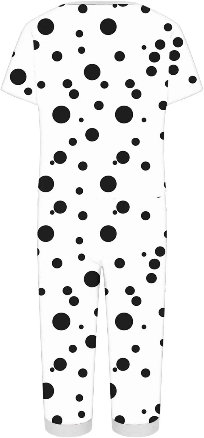 Capris Pajamas Set for Women Dots Printed Color Block Loose V Neck Sleepwear Matching Comfy Pjs Pants Lounge Sets