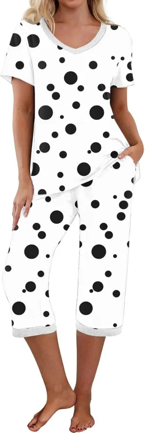 Capris Pajamas Set for Women Dots Printed Color Block Loose V Neck Sleepwear Matching Comfy Pjs Pants Lounge Sets