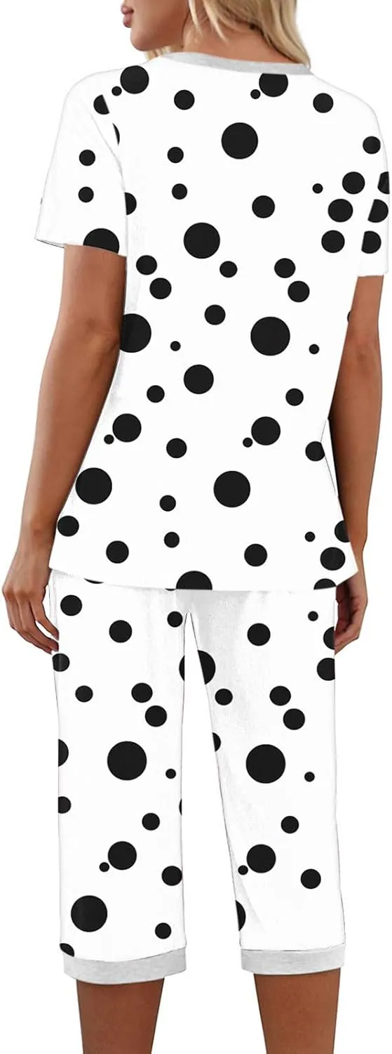 Capris Pajamas Set for Women Dots Printed Color Block Loose V Neck Sleepwear Matching Comfy Pjs Pants Lounge Sets