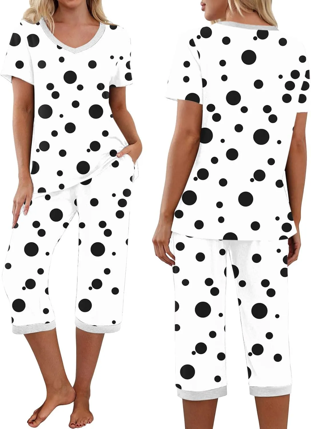 Capris Pajamas Set for Women Dots Printed Color Block Loose V Neck Sleepwear Matching Comfy Pjs Pants Lounge Sets