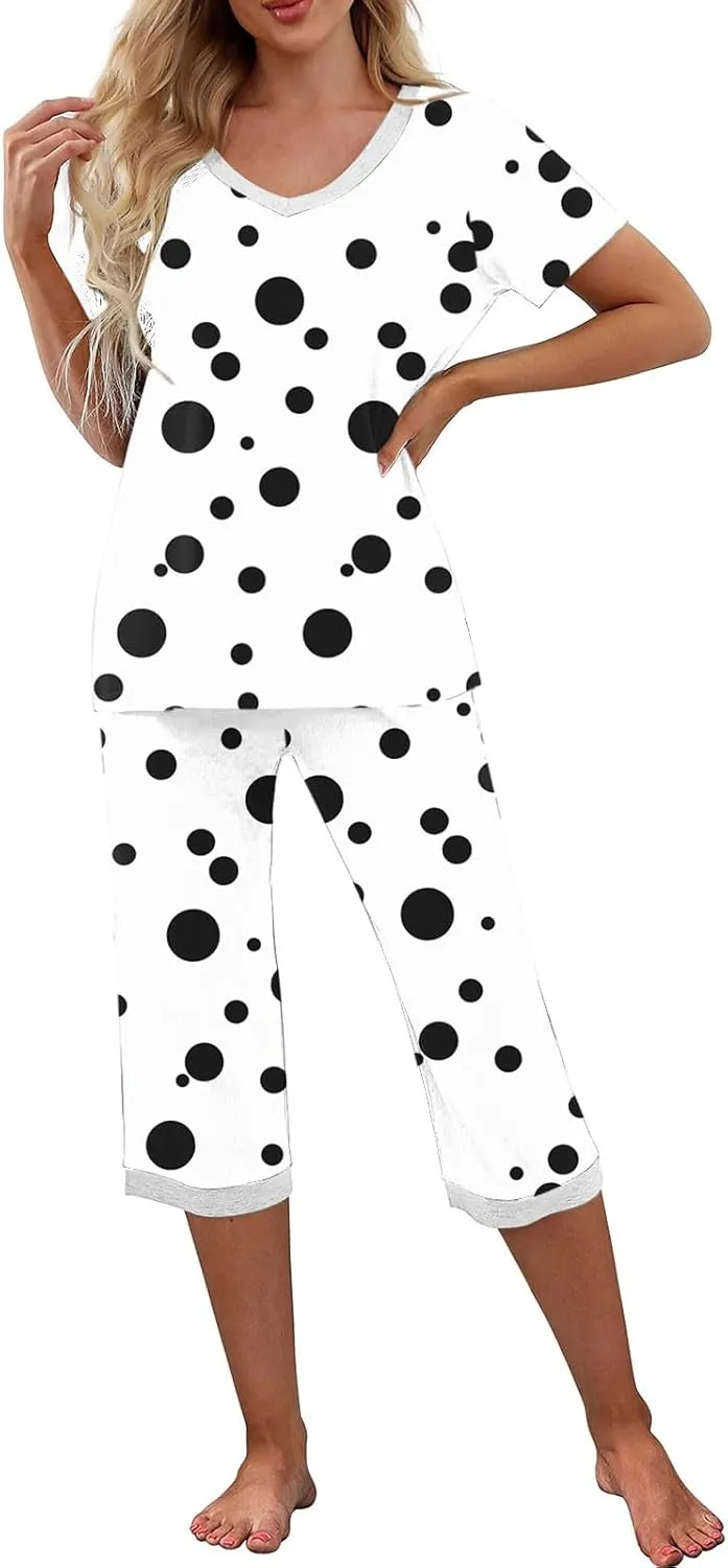 Capris Pajamas Set for Women Dots Printed Color Block Loose V Neck Sleepwear Matching Comfy Pjs Pants Lounge Sets