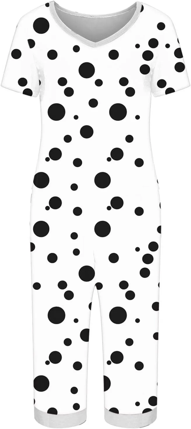 Capris Pajamas Set for Women Dots Printed Color Block Loose V Neck Sleepwear Matching Comfy Pjs Pants Lounge Sets