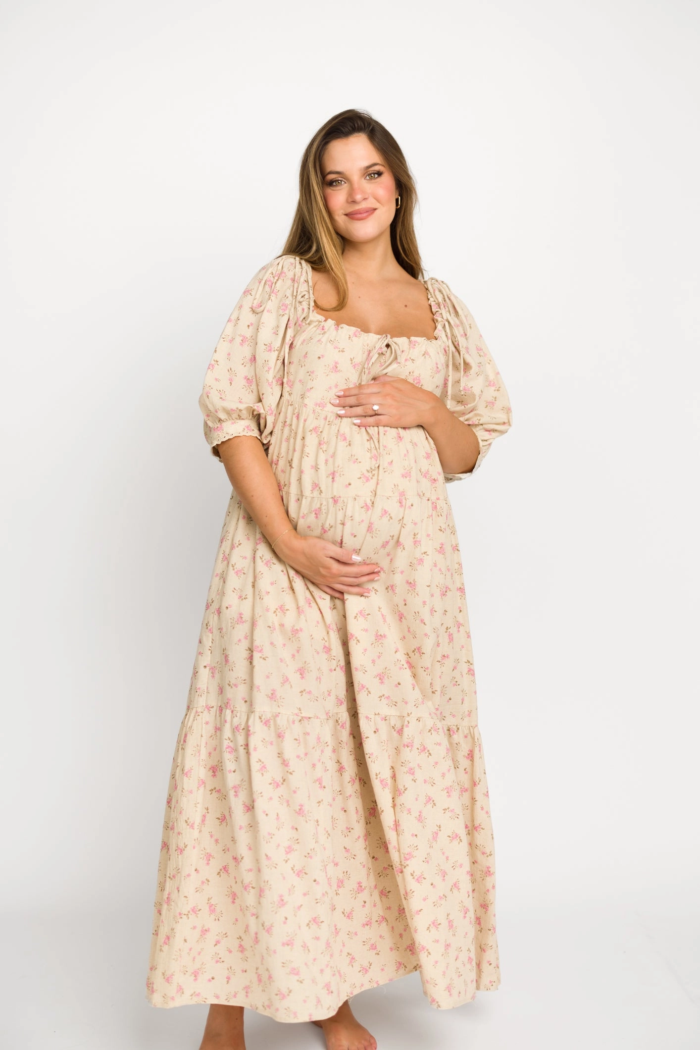 Cara 100% Cotton Maxi Dress in Pink/Brown Floral *Final-Sale* Gloss Finish Lightweight Layer