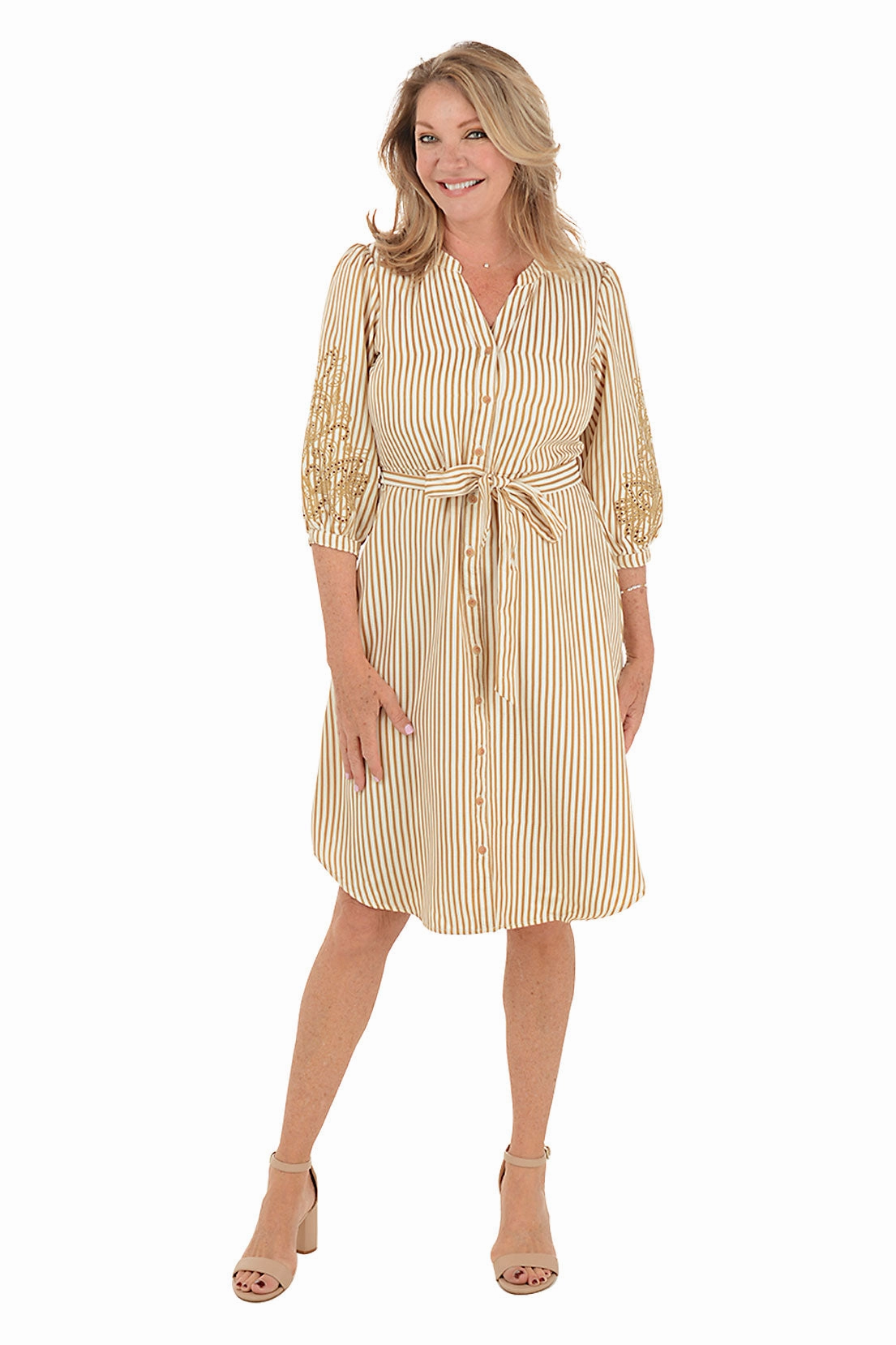 Caramel Embroidered Sleeve Seersucker Stripe Dress Upgrade-Option Decorative-Design