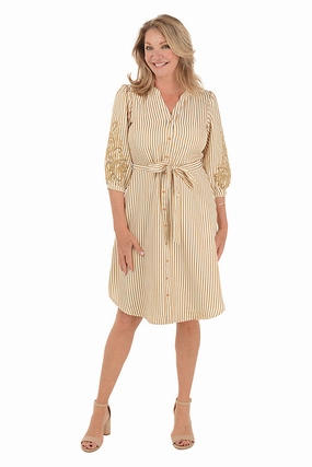Caramel Embroidered Sleeve Seersucker Stripe Dress Upgrade-Option Decorative-Design