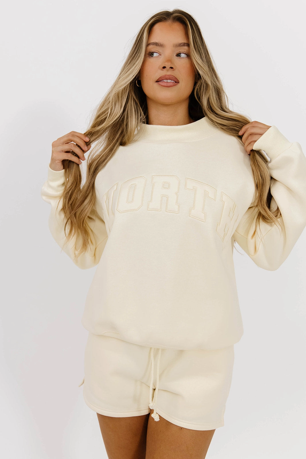 Tapered Cut WORTH Tone On Tone Embroidered Mockneck Sweatshirt in Toasted Cream