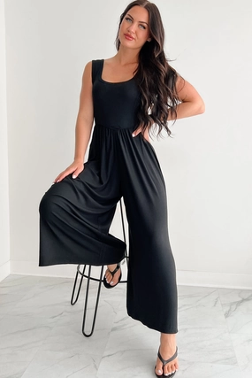 Carefree Glow Sleeveless Wide Leg Jumpsuit (Black) Minimalist Aesthetic DurableDoubleLayeredHem