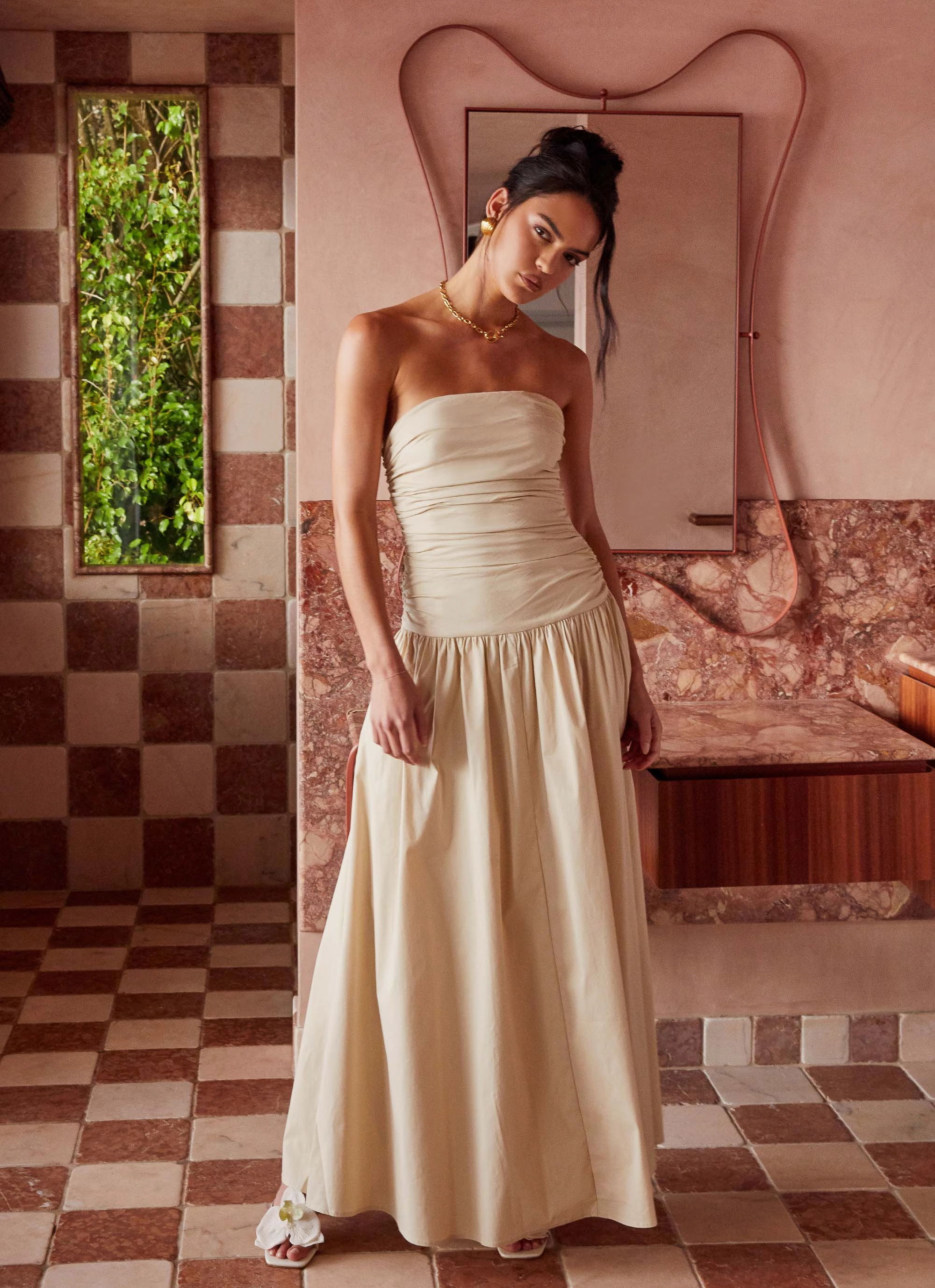 Carmel Maxi Dress - Ivory Earth-Tone Sheer Layer