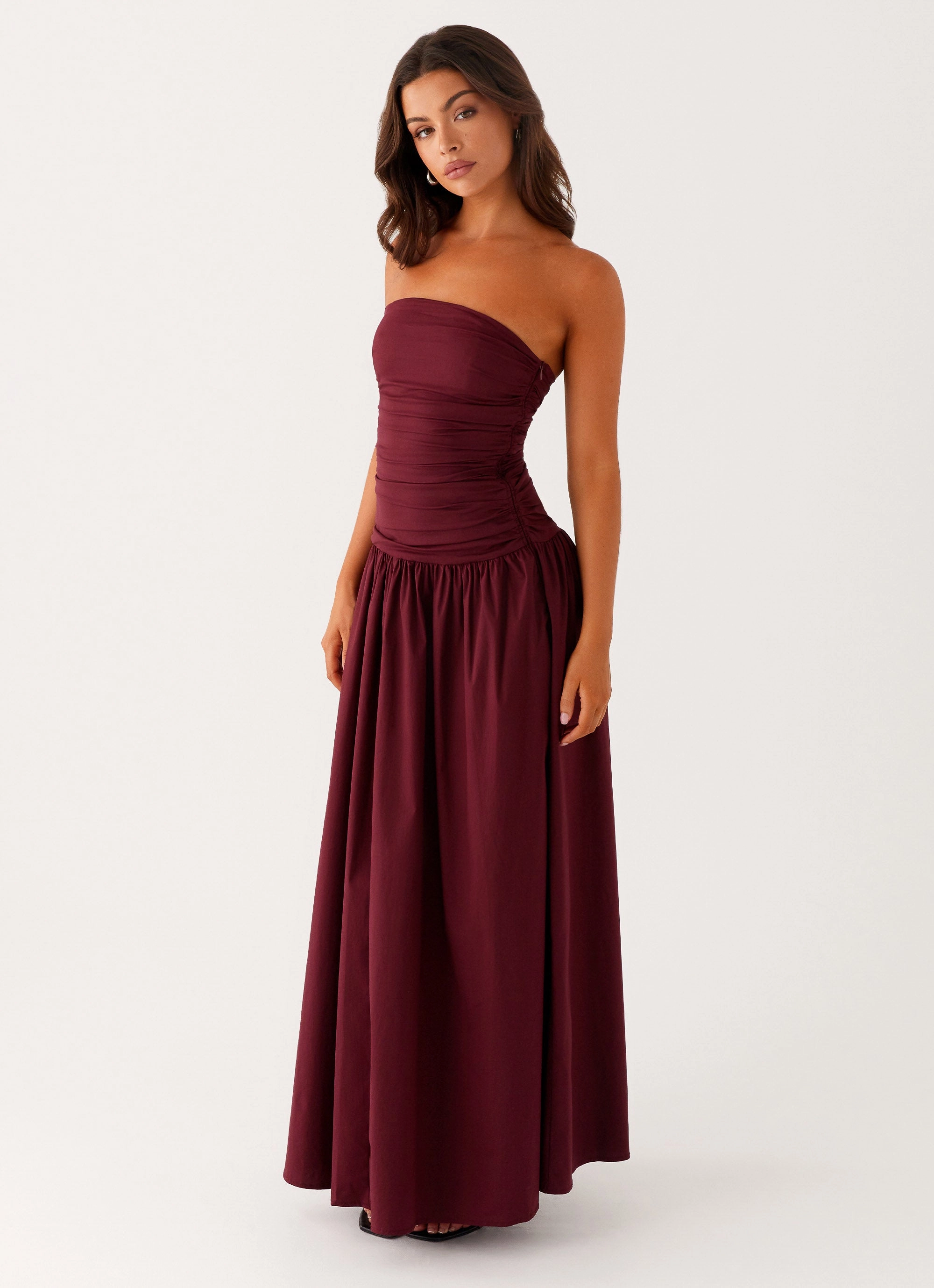 Flattering Waistband Shine Finish Carmel Maxi Dress - Mulberry