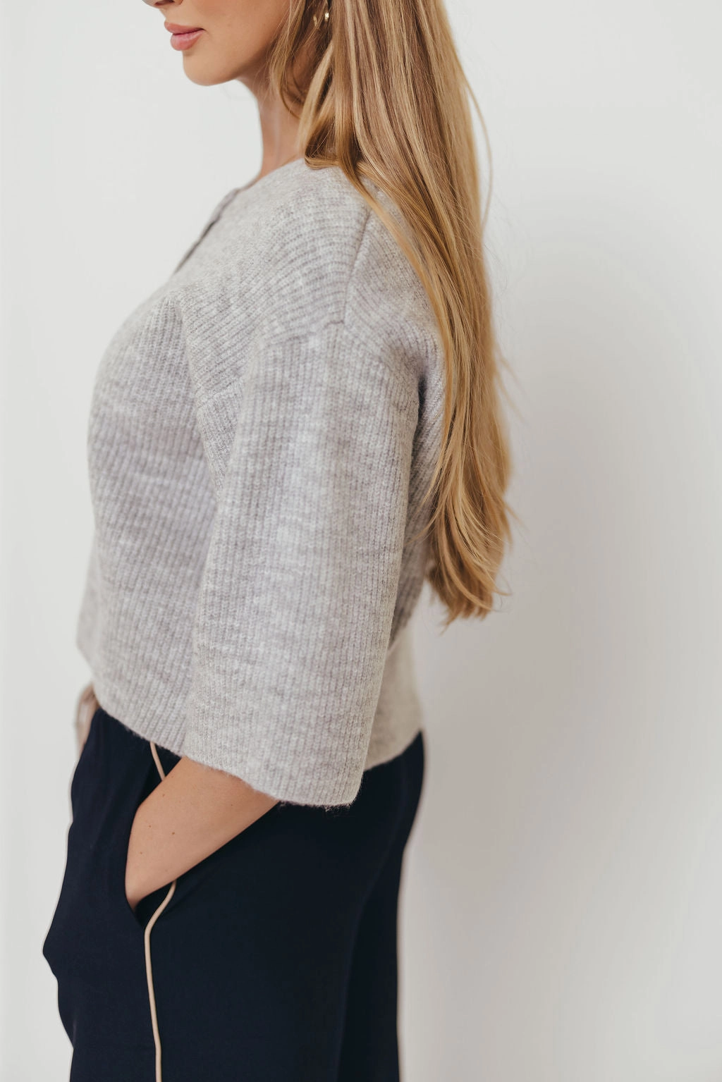 Caroline Button Down 3/4 Sleeve Sweater Cardigan in Heather Grey DurableCollarStays