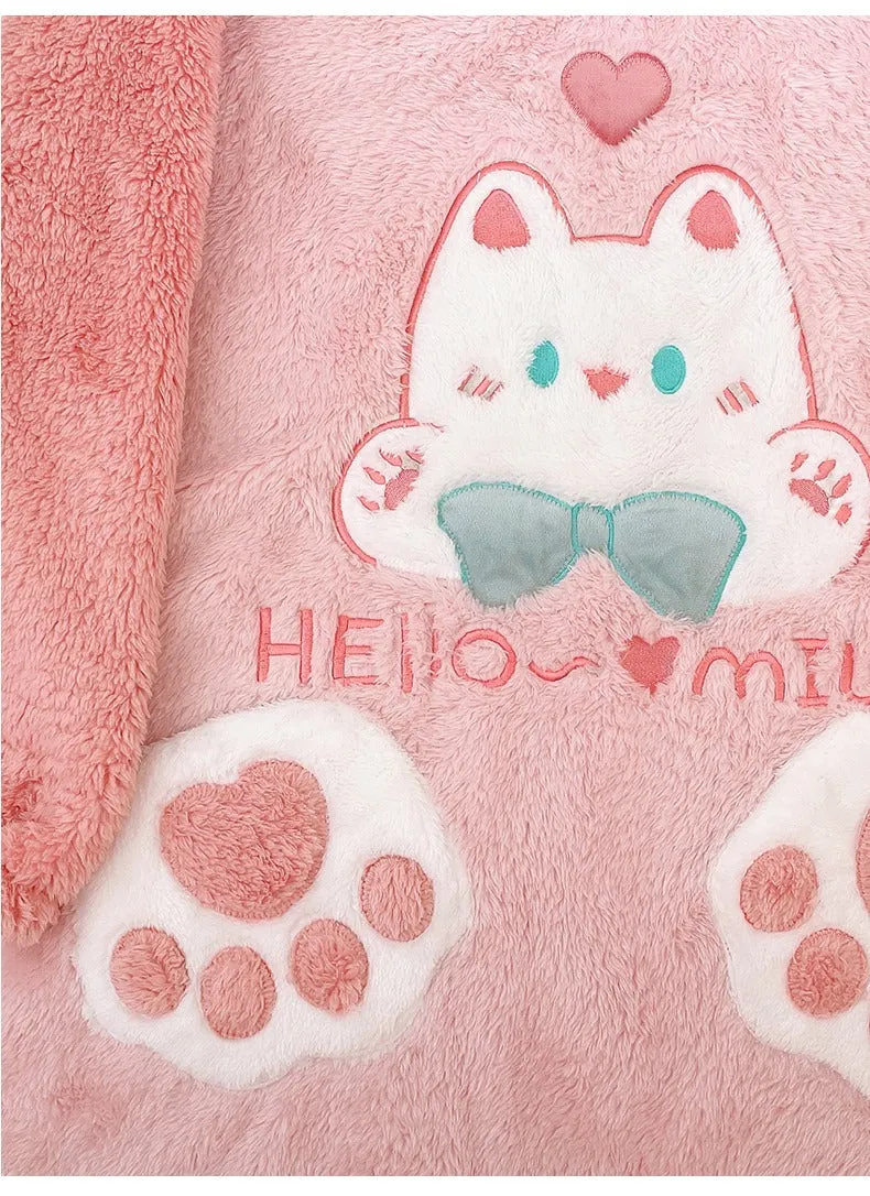 Cartoon Kitty Cat Paws Pockets Hooded Pajamas