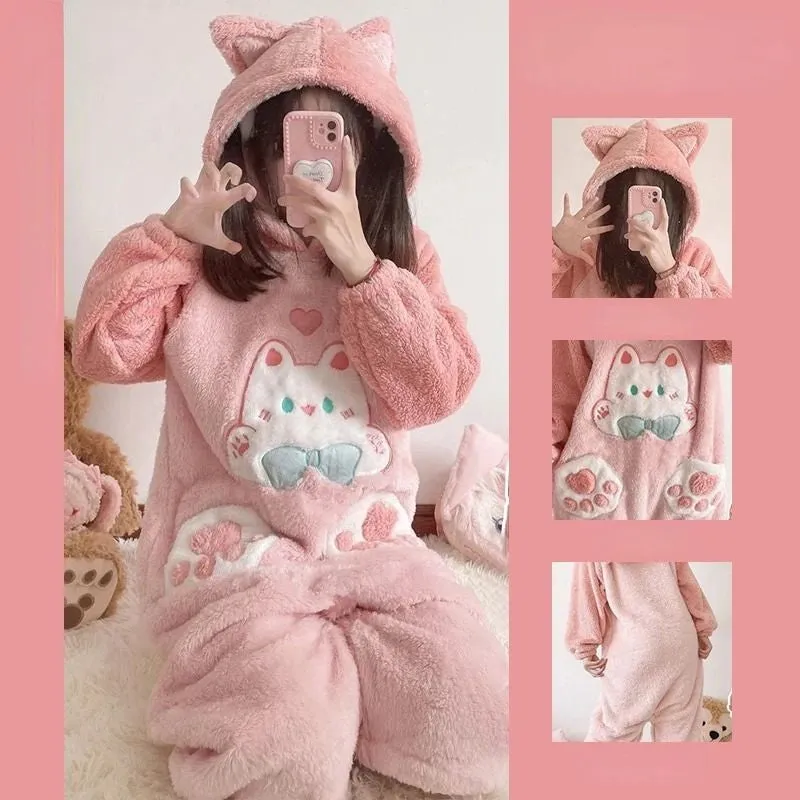 Cartoon Kitty Cat Paws Pockets Hooded Pajamas