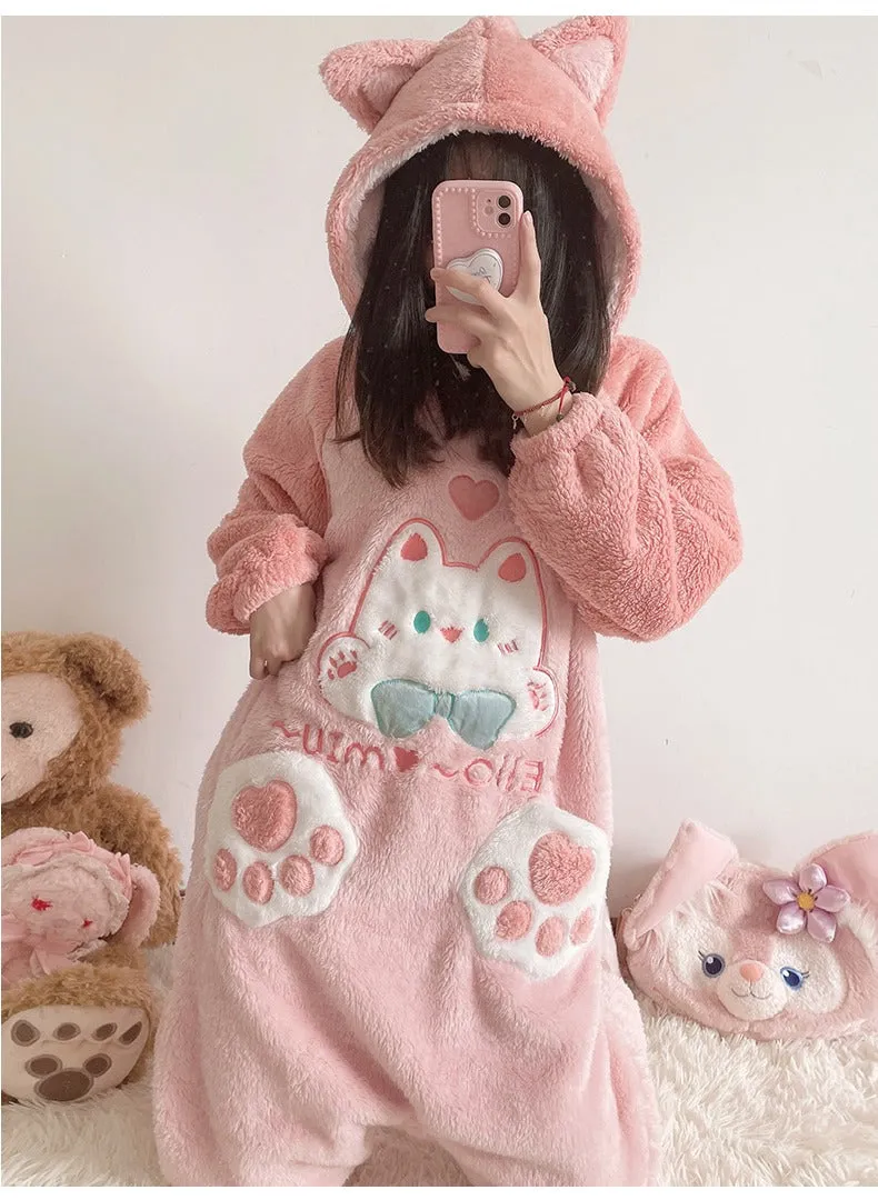 Cartoon Kitty Cat Paws Pockets Hooded Pajamas