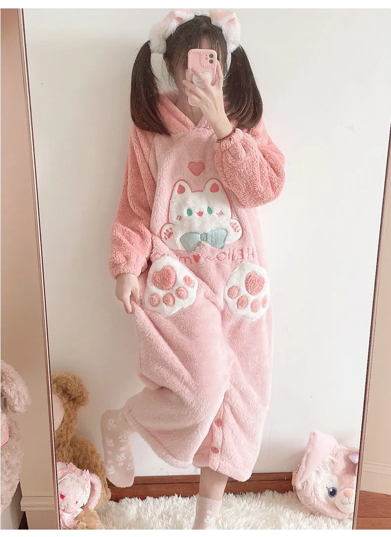 Cartoon Kitty Cat Paws Pockets Hooded Pajamas