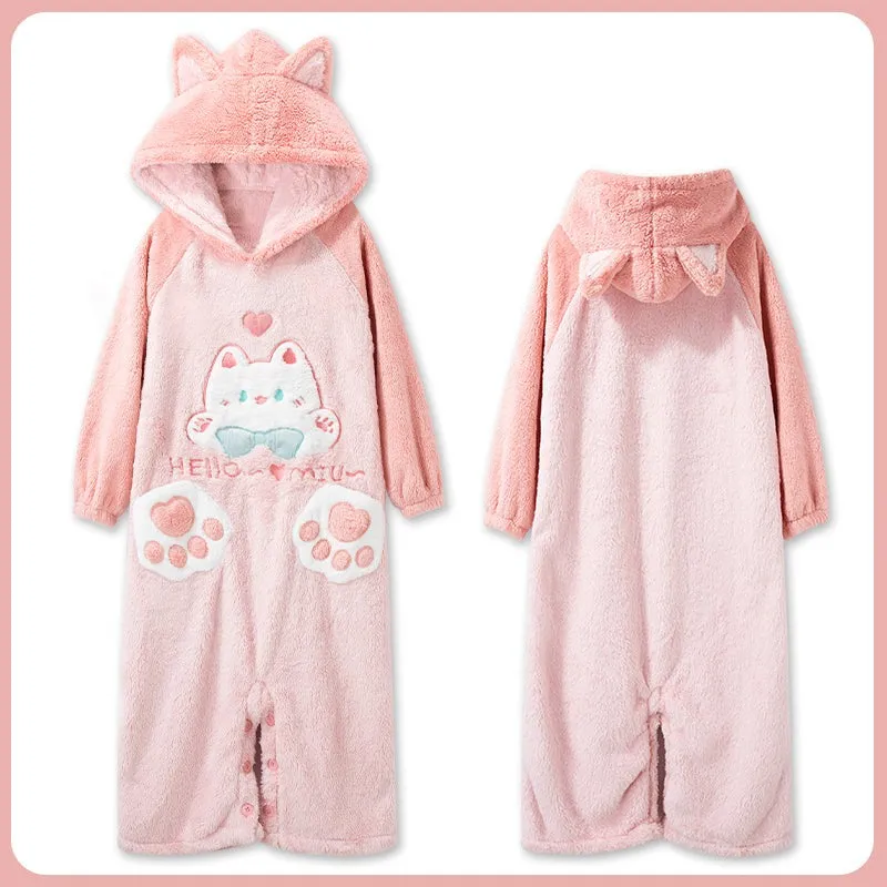 Cartoon Kitty Cat Paws Pockets Hooded Pajamas