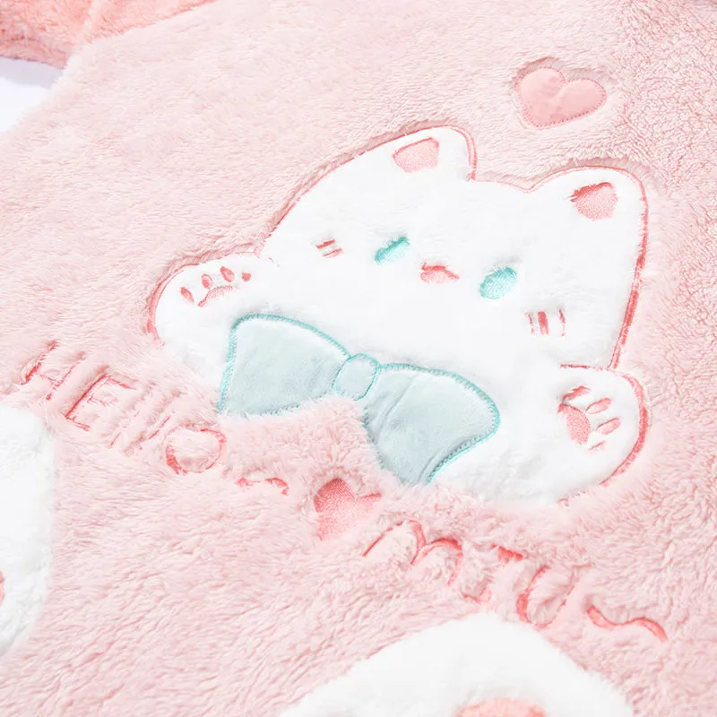 Cartoon Kitty Cat Paws Pockets Hooded Pajamas