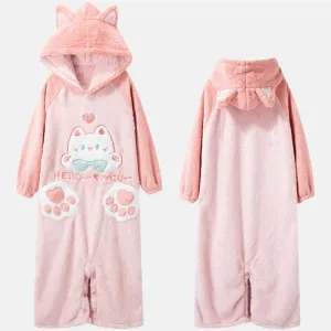 Cartoon Kitty Cat Paws Pockets Hooded Pajamas