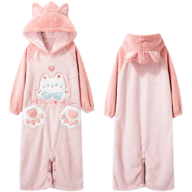 Cartoon Kitty Cat Paws Pockets Hooded Pajamas