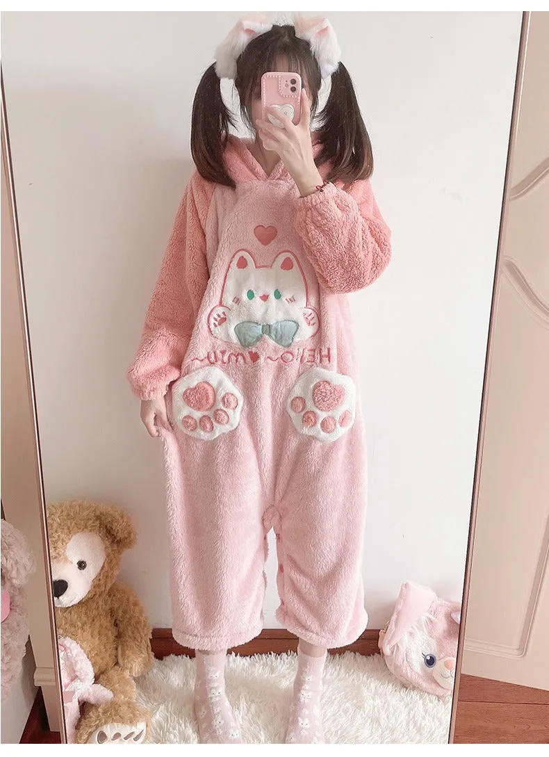 Cartoon Kitty Cat Paws Pockets Hooded Pajamas