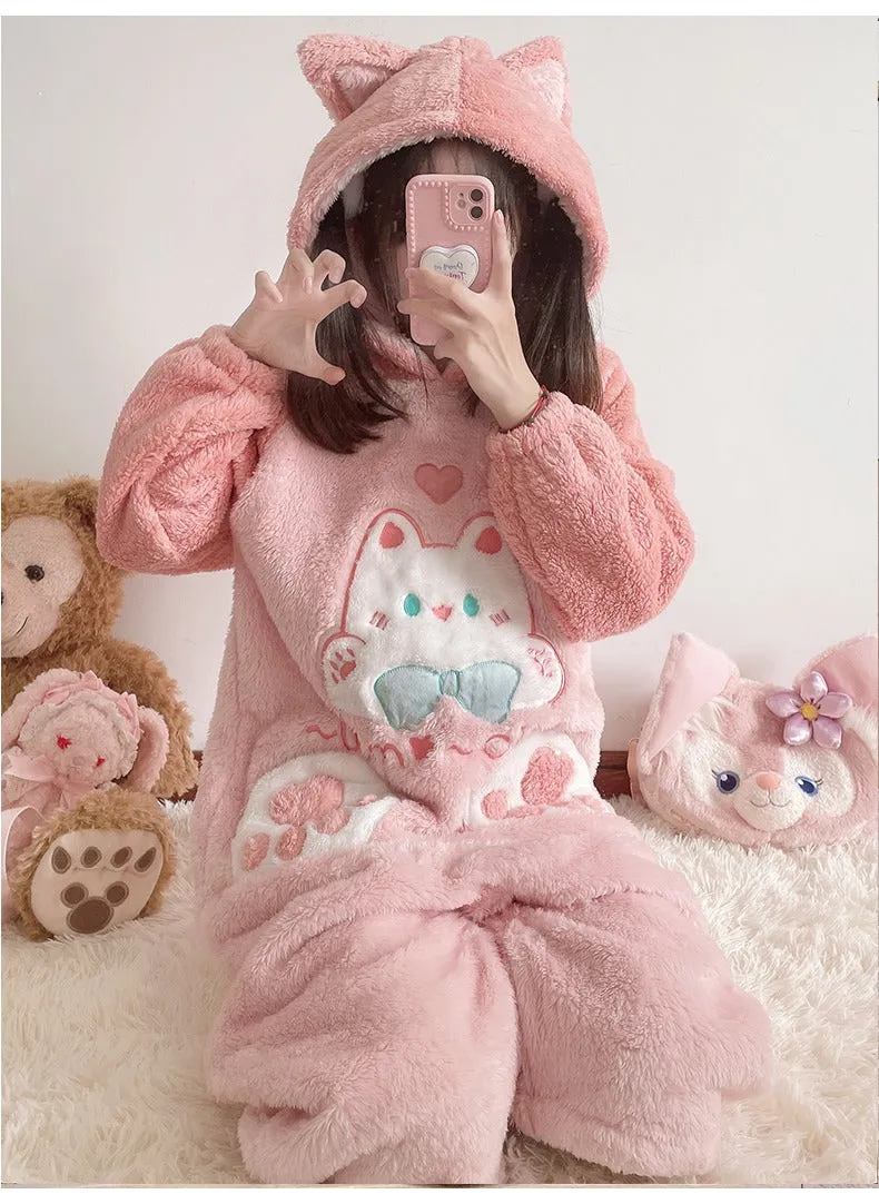 Cartoon Kitty Cat Paws Pockets Hooded Pajamas