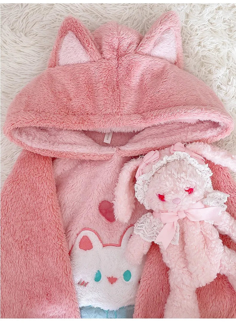 Cartoon Kitty Cat Paws Pockets Hooded Pajamas