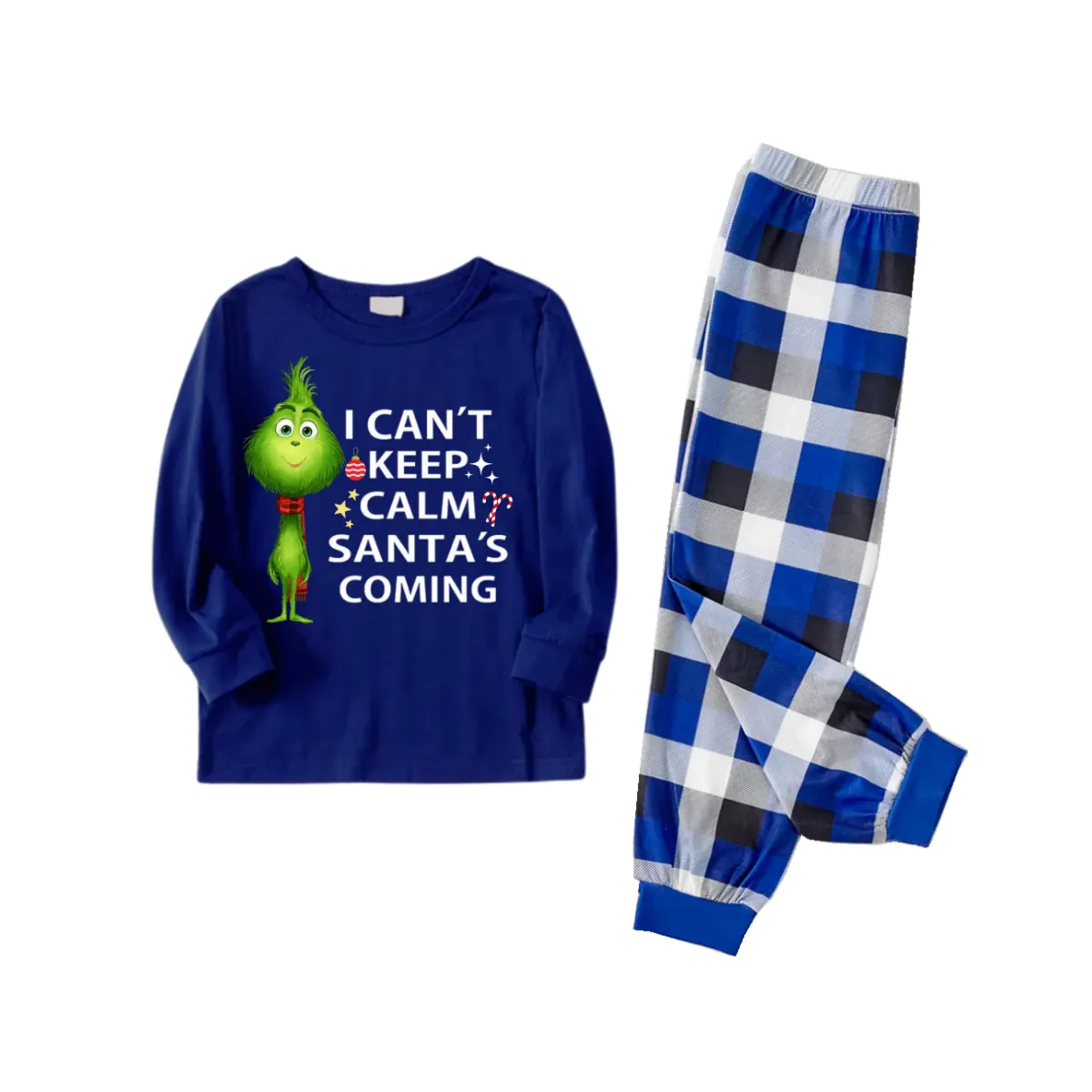 Cartoon Pattern and Christmas Slogan Printed Blue and White Plaid Family Matching Pajamas
