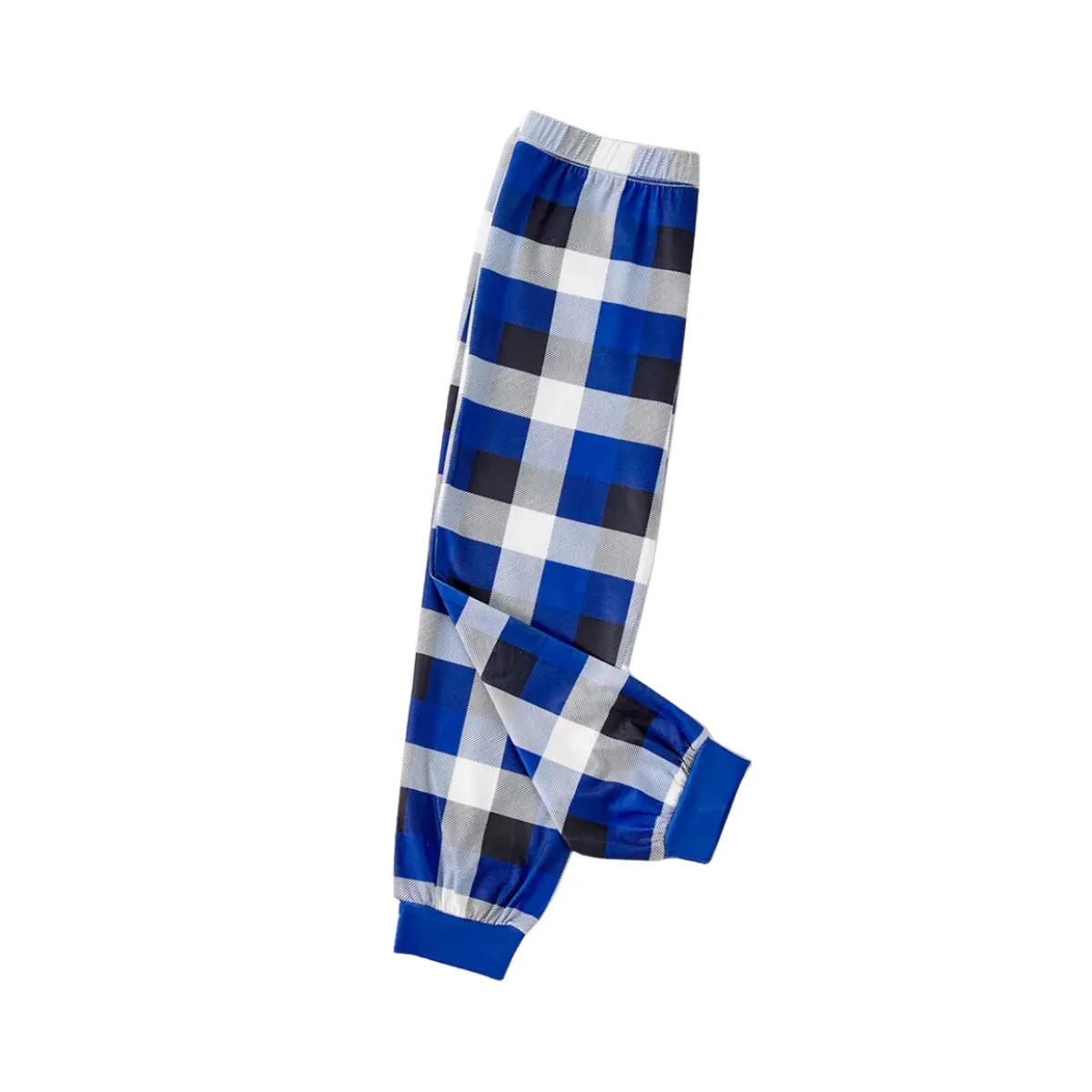 Cartoon Pattern and Christmas Slogan Printed Blue and White Plaid Family Matching Pajamas