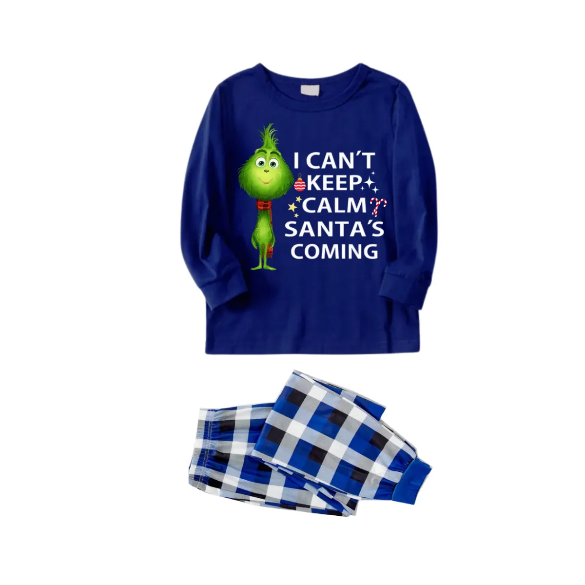 Cartoon Pattern and Christmas Slogan Printed Blue and White Plaid Family Matching Pajamas