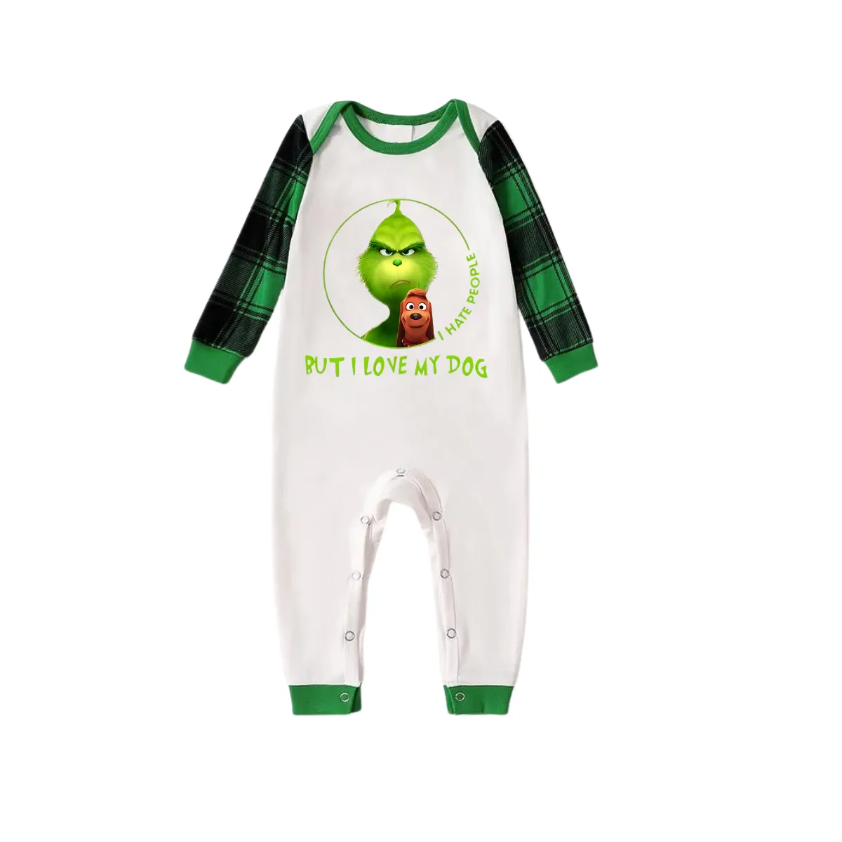 Cartoon Pattern and "I Hate People, But I Love My Dog" Printed Green Plaid Long Sleeve Christmas Family Pajamas