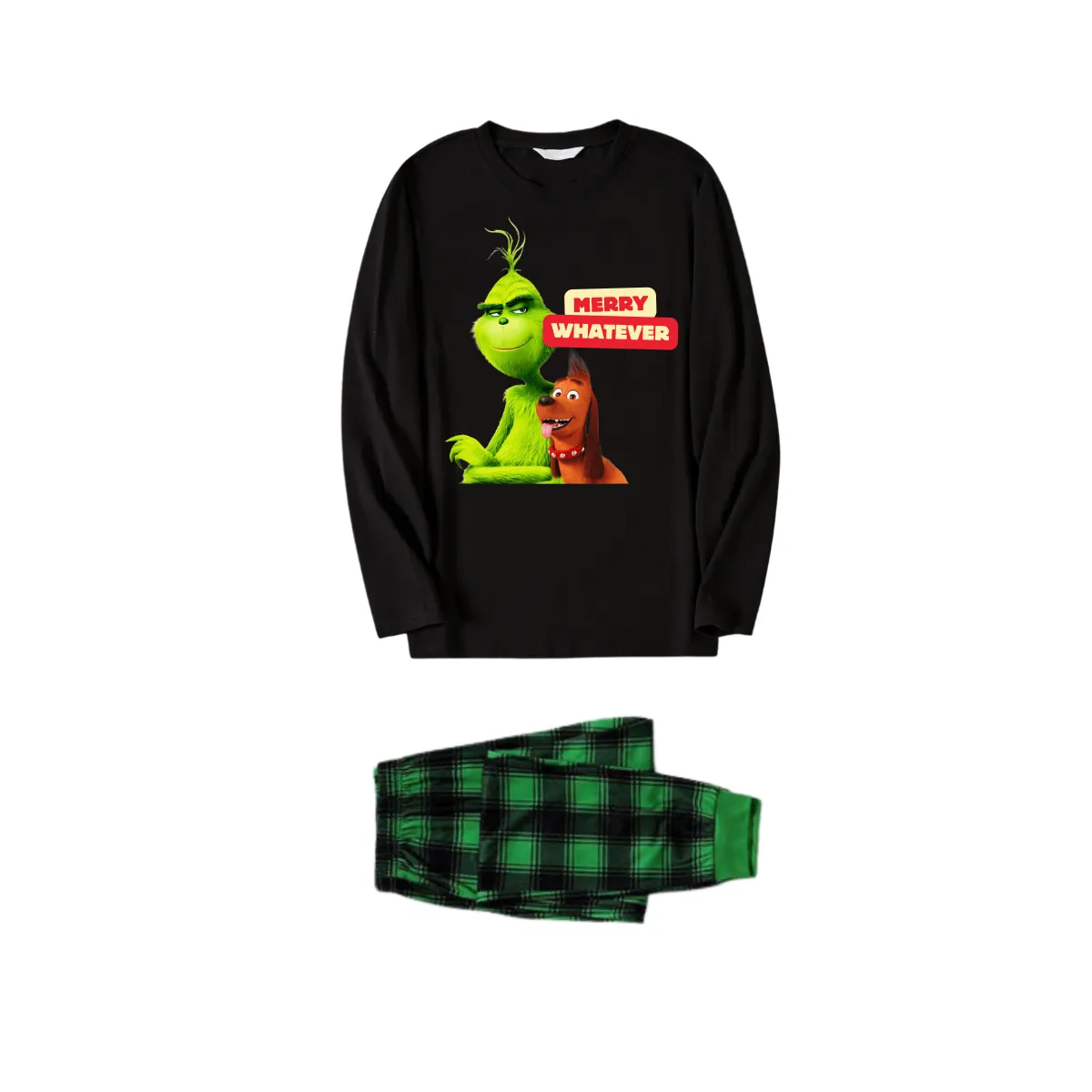 Cartoon Pattern and "Merry Whatever" Text Printed Black Long Sleeve Top with Black And Green Plaid Pants Family Matching Pajamas