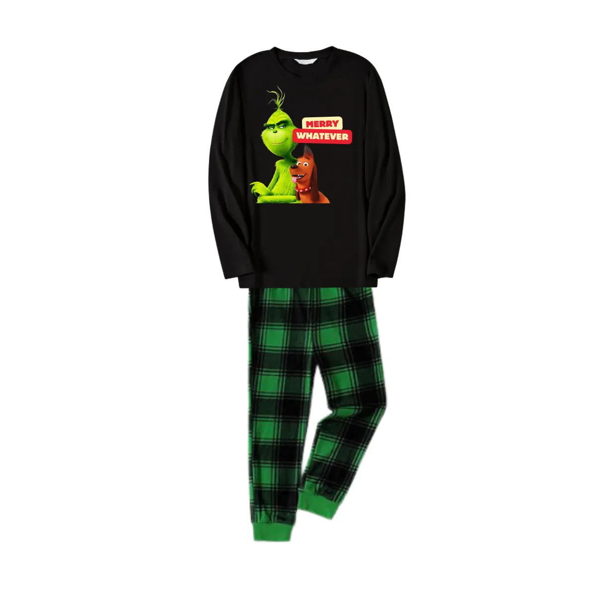 Cartoon Pattern and "Merry Whatever" Text Printed Black Long Sleeve Top with Black And Green Plaid Pants Family Matching Pajamas
