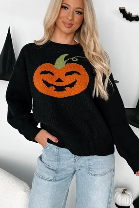 Carving Smiles Knit Halloween Sweater (Black) FoldableFeature