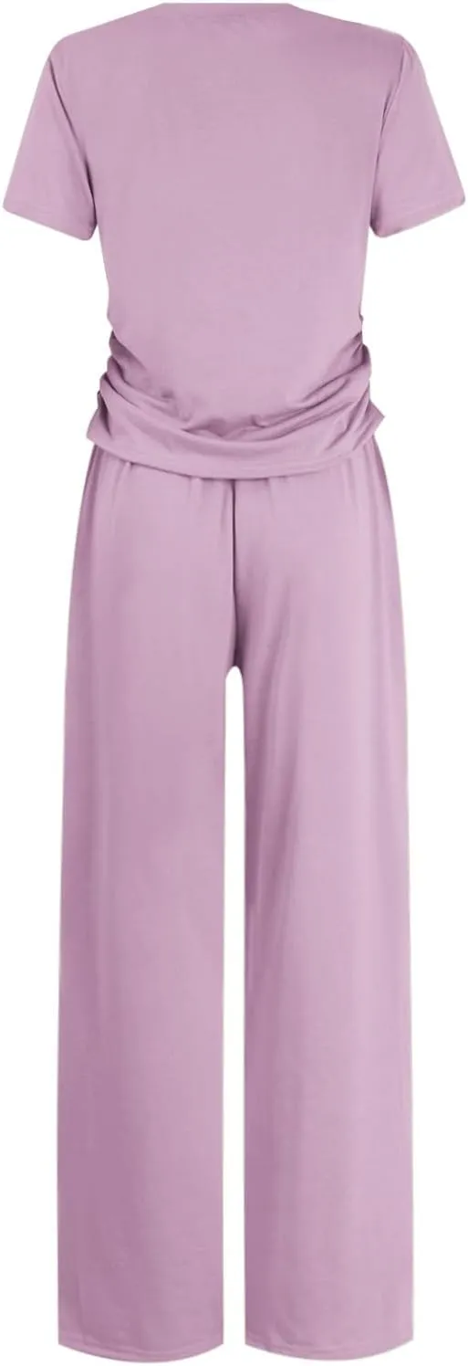 Casual 2 Piece Sets for Women Summer Outfits Short Sleeve Crop Top Wide Leg Pants Loose Comfy Tracksuit Lounge Set
