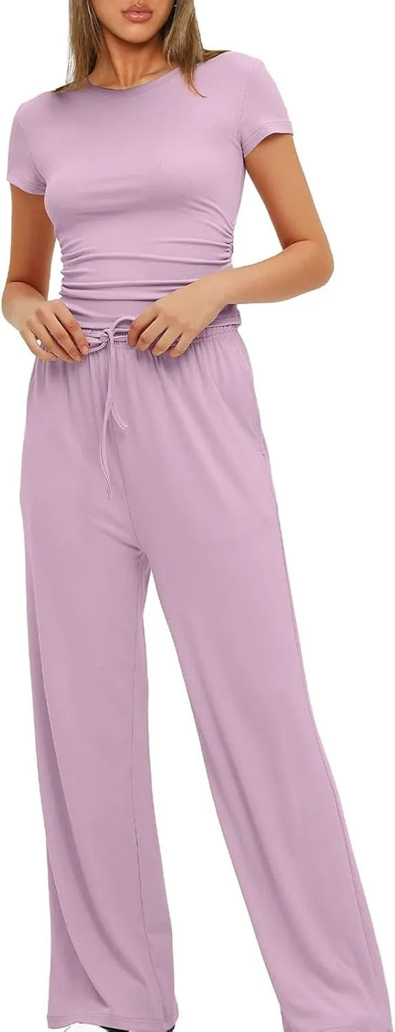 Casual 2 Piece Sets for Women Summer Outfits Short Sleeve Crop Top Wide Leg Pants Loose Comfy Tracksuit Lounge Set
