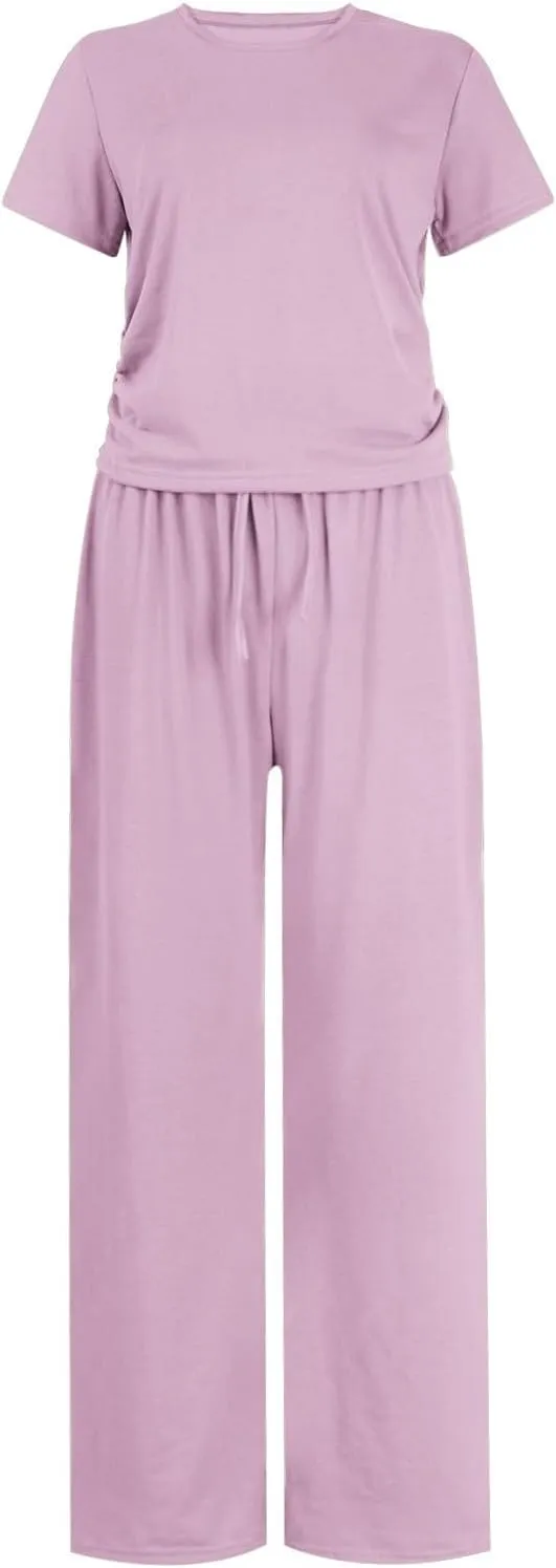 Casual 2 Piece Sets for Women Summer Outfits Short Sleeve Crop Top Wide Leg Pants Loose Comfy Tracksuit Lounge Set