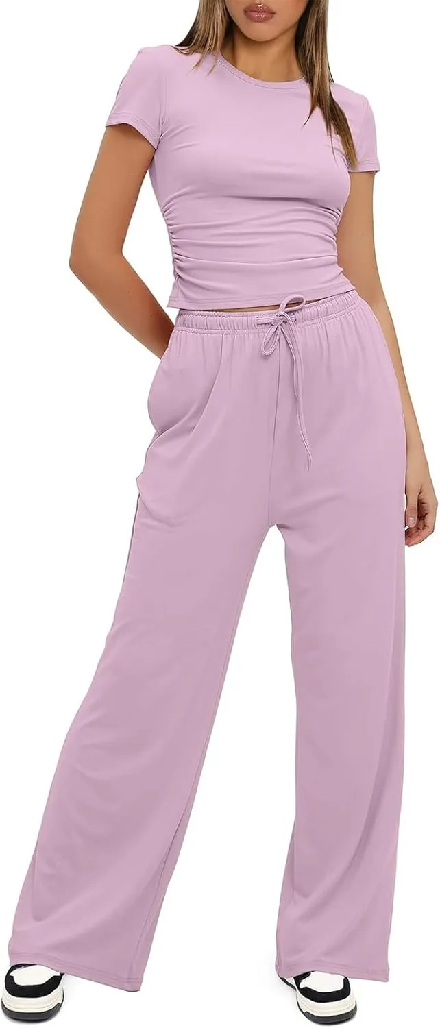 Casual 2 Piece Sets for Women Summer Outfits Short Sleeve Crop Top Wide Leg Pants Loose Comfy Tracksuit Lounge Set