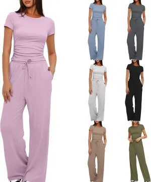 Casual 2 Piece Sets for Women Summer Outfits Short Sleeve Crop Top Wide Leg Pants Loose Comfy Tracksuit Lounge Set