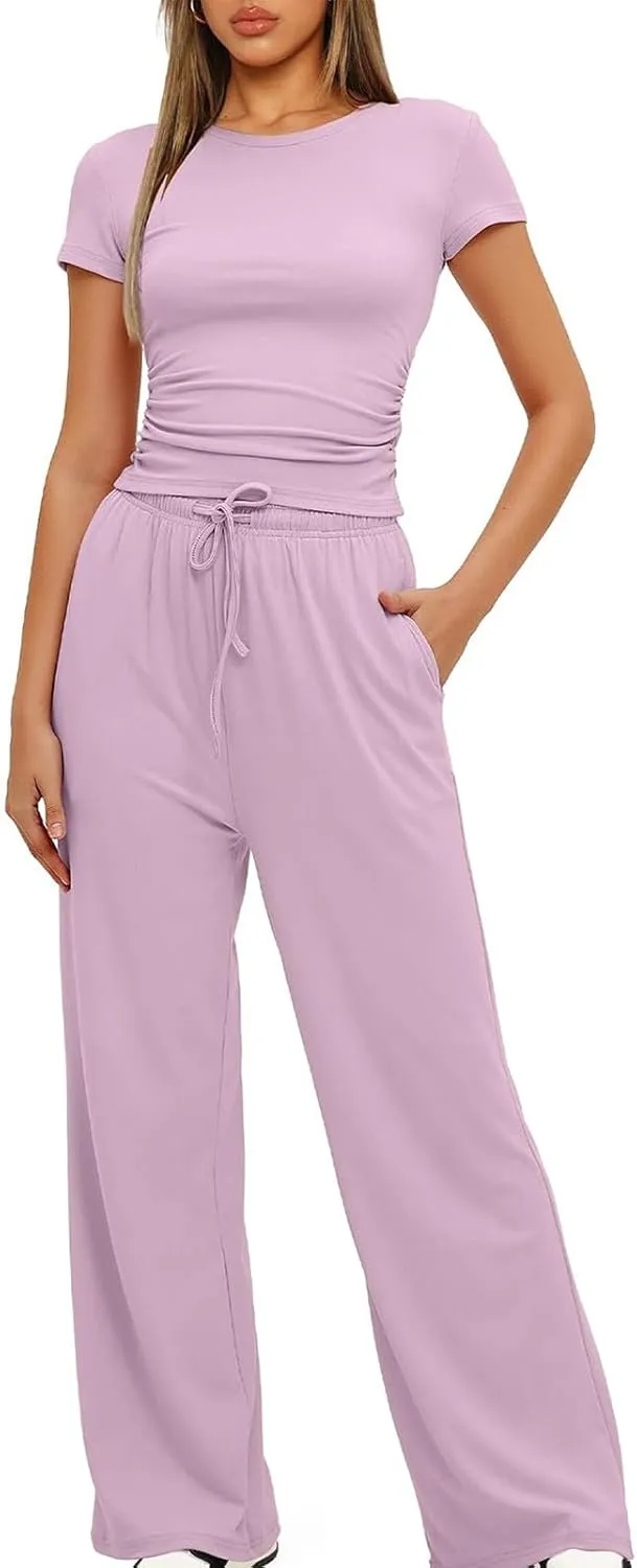 Casual 2 Piece Sets for Women Summer Outfits Short Sleeve Crop Top Wide Leg Pants Loose Comfy Tracksuit Lounge Set