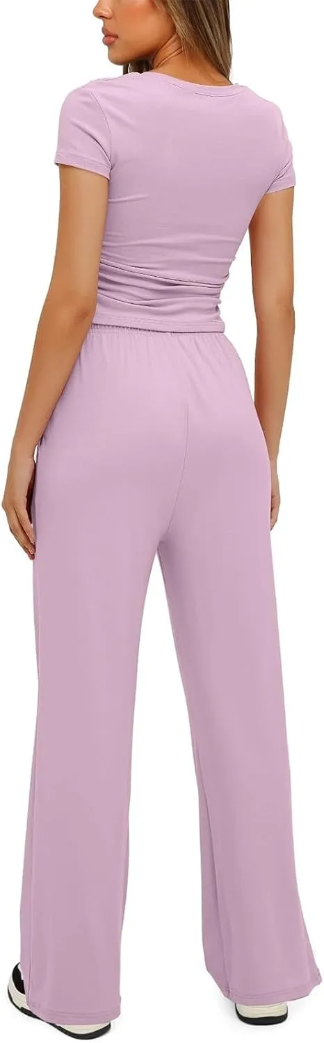 Casual 2 Piece Sets for Women Summer Outfits Short Sleeve Crop Top Wide Leg Pants Loose Comfy Tracksuit Lounge Set