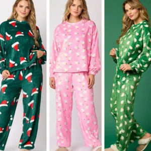 Casual Flannel Pajama Sets For Women 2 Piece Cute Long Sleeve Matching Lounge Shirts Sets Santa Claus Pajamas Homewear